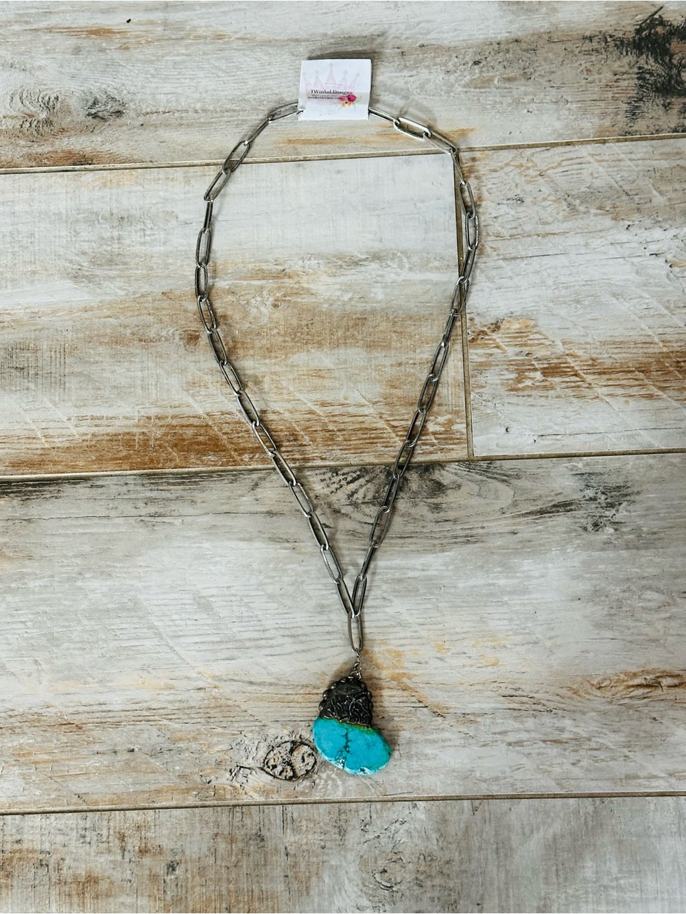 Turquoise one of a kind, Pendant & Chain Necklace - Silver Tone 42”